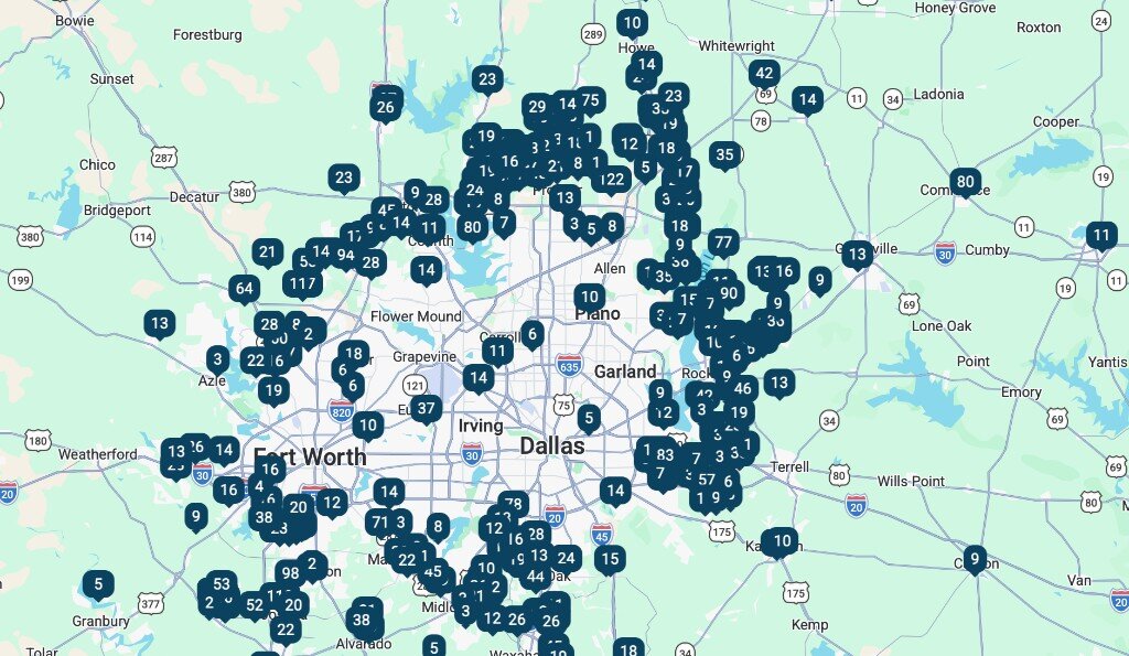 Map of Dallas–Fort Worth new construction home listings