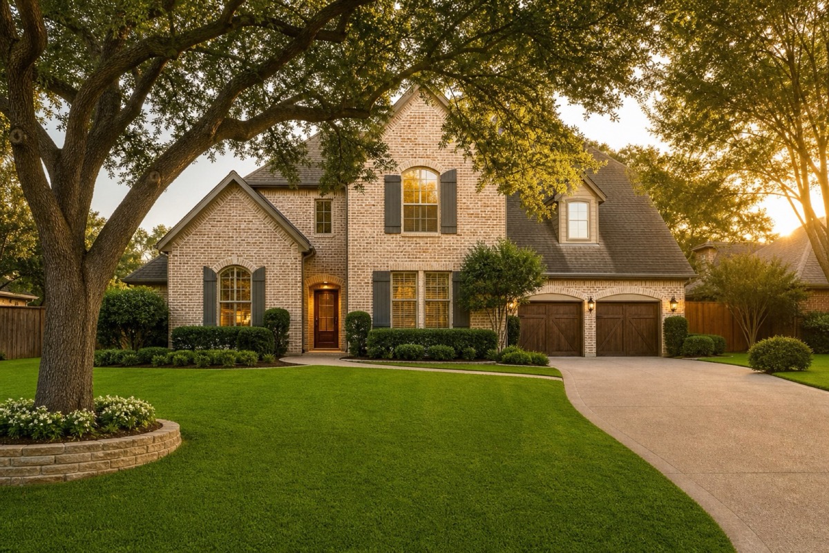 Two-story brick North Texas family home with mature trees and green lawn in soft golden-hour light