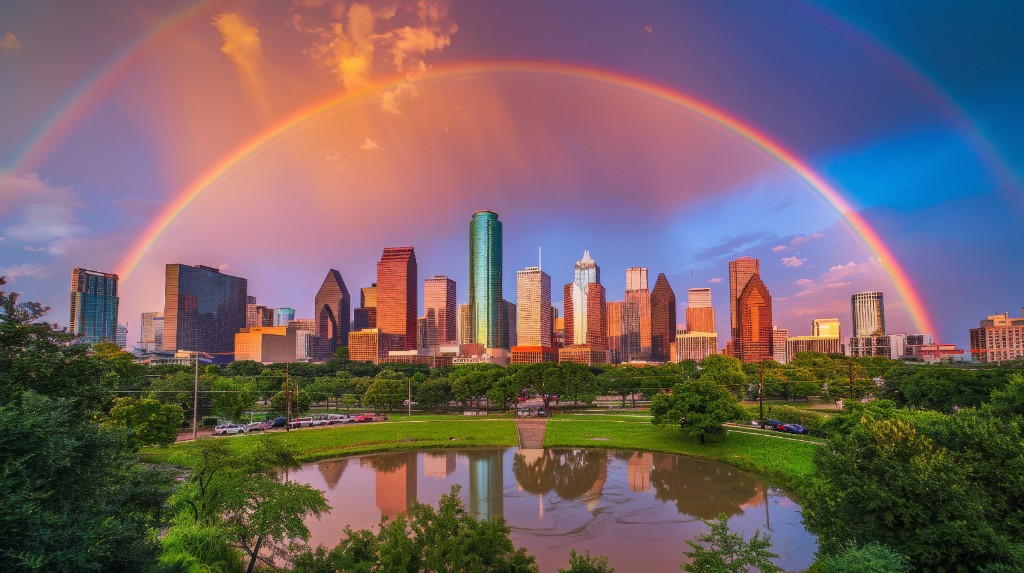 Sunset sky over a downtown skyline with a vivid double rainbow, mirrored in calm water and park greenery in the foreground