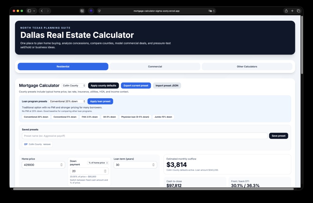 Dallas Real Estate Calculator web app showing mortgage and planning controls