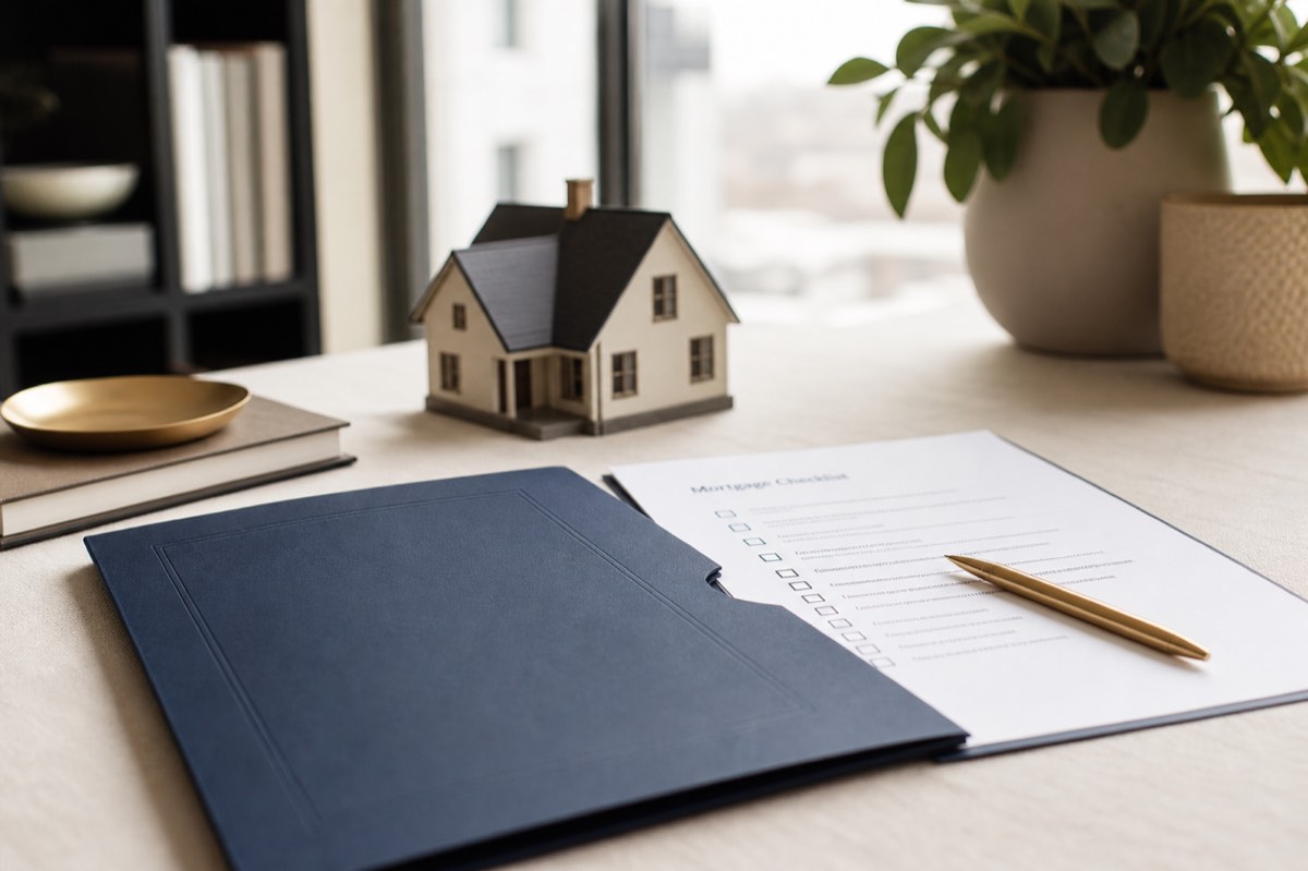 Clean desk with mortgage paperwork, pen, and small house model in soft daylight