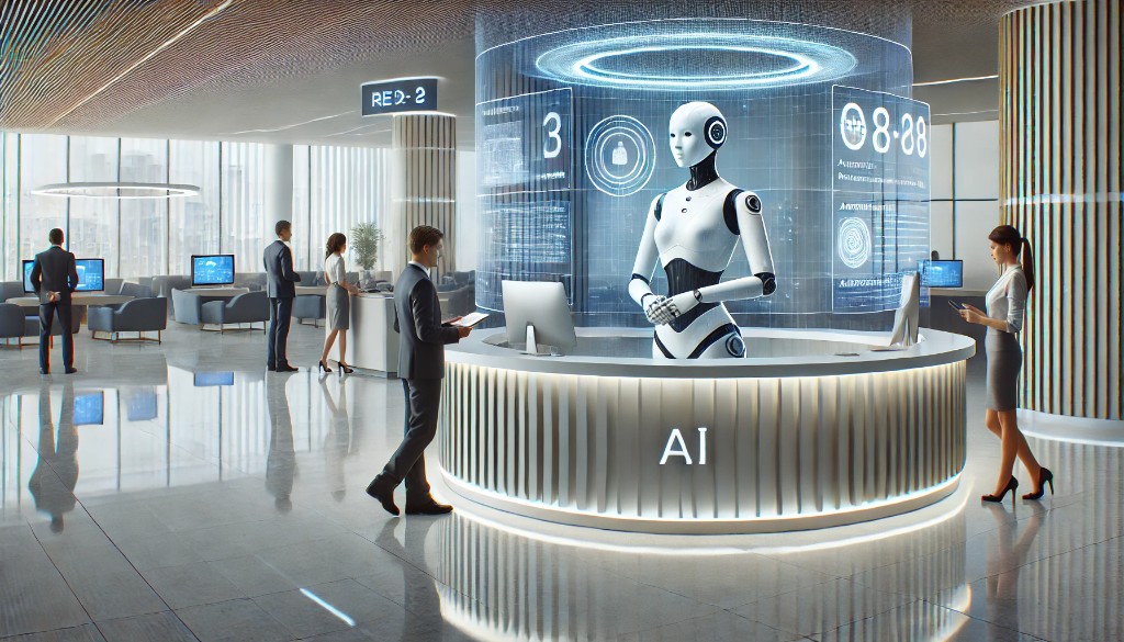 Futuristic office reception area with an AI-powered call assistant concept