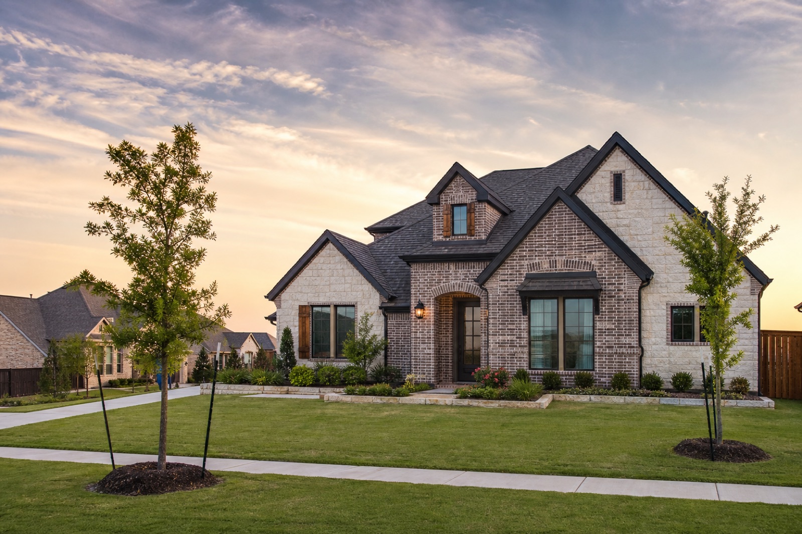 Quiet Little Elm–style North Texas suburban street with single-family homes in late-afternoon light