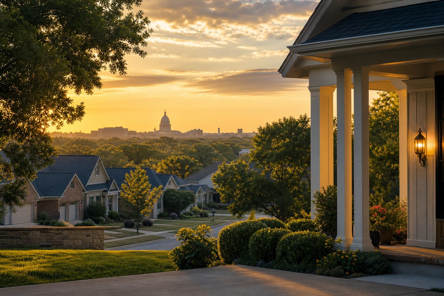 Sunlit suburban street of single-family homes under a Texas sky, with a soft capitol dome on the horizon